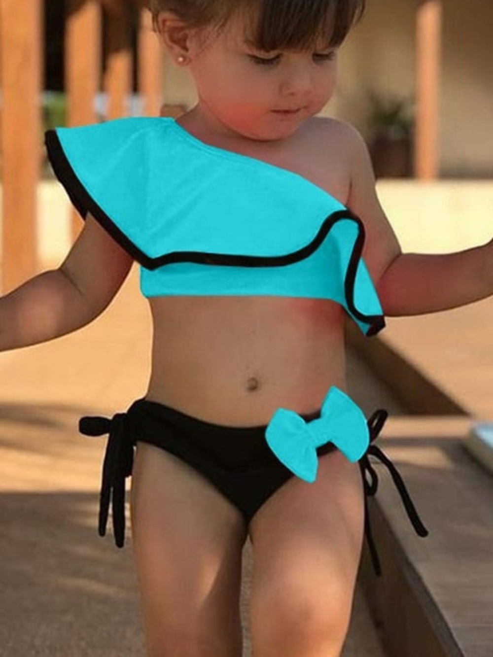 Aqua Ruffle One-Shoulder Kids Swim Set with Black Bow
